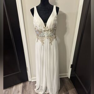 Betsy & Adam Zoe Long Chiffon Dress Embroidered Waist White Gold Blue Size 10